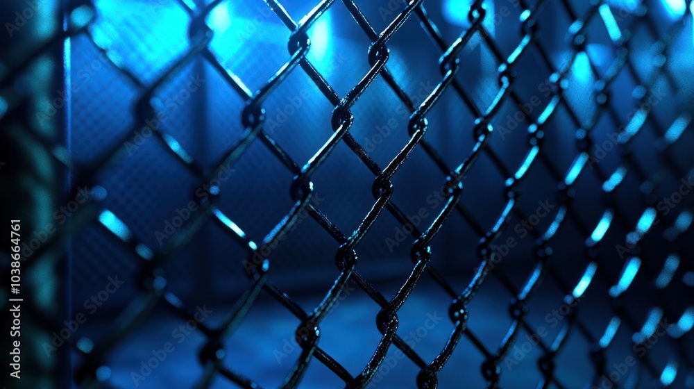 Fototapeta premium Close-up of the fence of an MMA octagon with blue background. The ring is empty and illuminated.