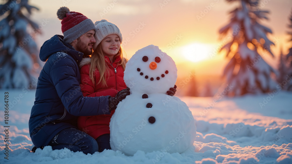 Romantic Winter Wonderland: Couple Embraces by Snowman at Sunset - Perfect for Holiday Ads and Greeting Cards Romantic Winter Wonderland: Couple Embraces by Snowman at Sunset - Perfect for Holiday Ads and Greeting Cards