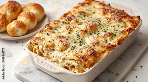 Creamy chicken lasagna, on a light stone background, with a side of garlic knots and sprinkled parmesan cheese