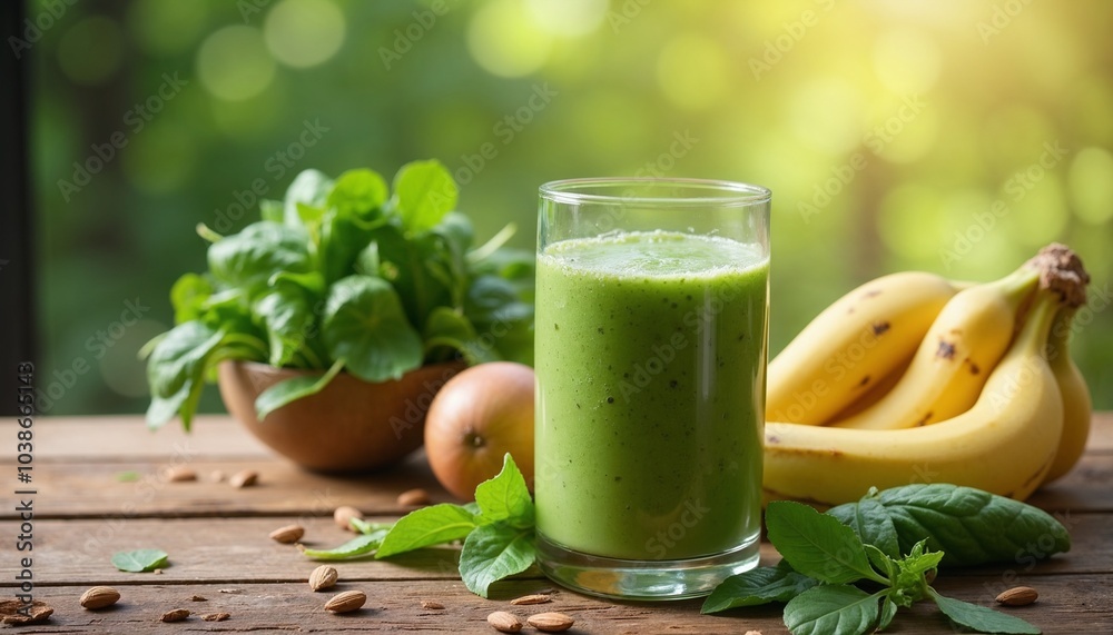 Fototapeta premium Fresh green smoothie with spinach, bananas, and almonds on a wooden table 