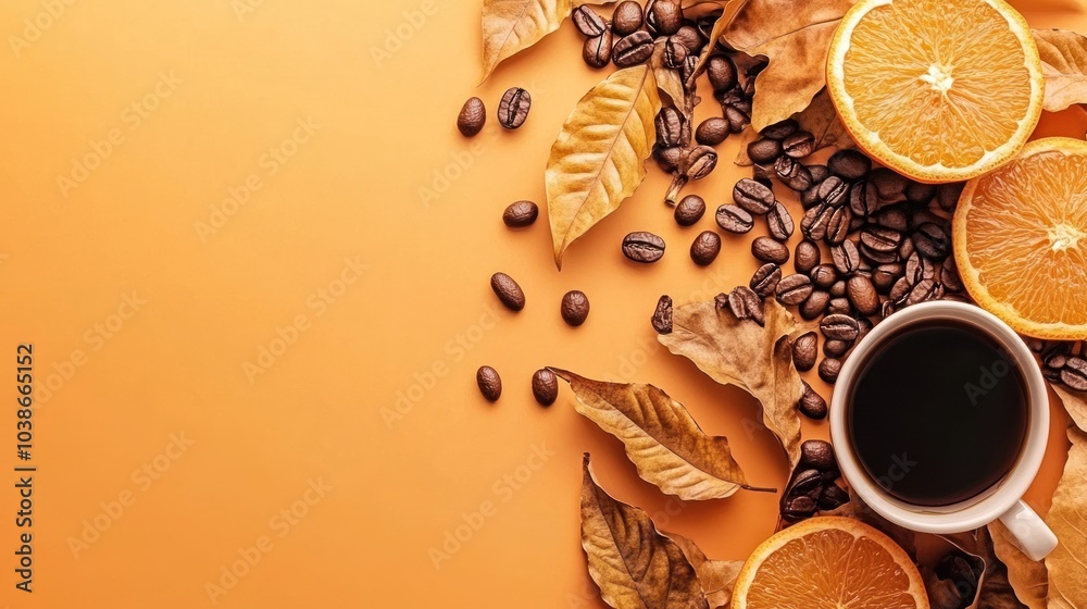 Coffee and orange leaves background with soft autumn light creating a serene seasonal aesthetic. Coffee and orange leaves background with soft autumn light creating a serene seasonal aesthetic.