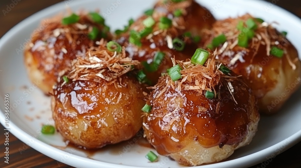 Delicious Takoyaki Balls with Sauce and Garnish Delicious Takoyaki Balls with Sauce and Garnish
