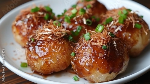 Delicious Takoyaki Balls with Sauce and Garnish