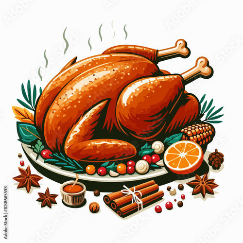 Large roasted turkey with its legs spread out on a plate