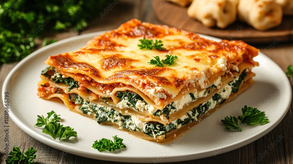 Lasagna Florentine with spinach and ricotta, isolated on a white ceramic plate, surrounded by fresh parsley and a side of garlic knots Lasagna Florentine with spinach and ricotta, isolated on a white ceramic plate, surrounded by fresh parsley and a side of garlic knots