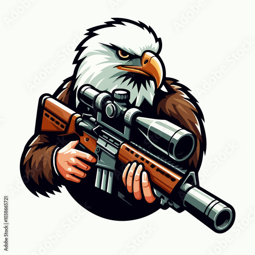 A cartoon eagle is holding a gun and a rifle scope