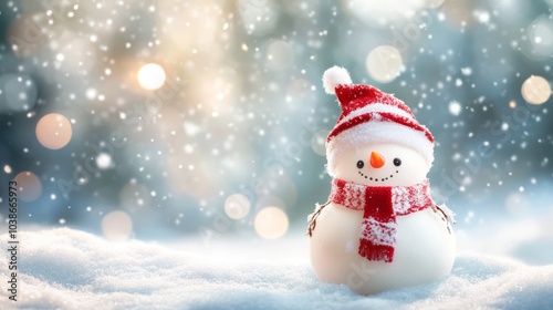 Christmas Winter Background with Cute Snowman Snowflakes in Soft Focus