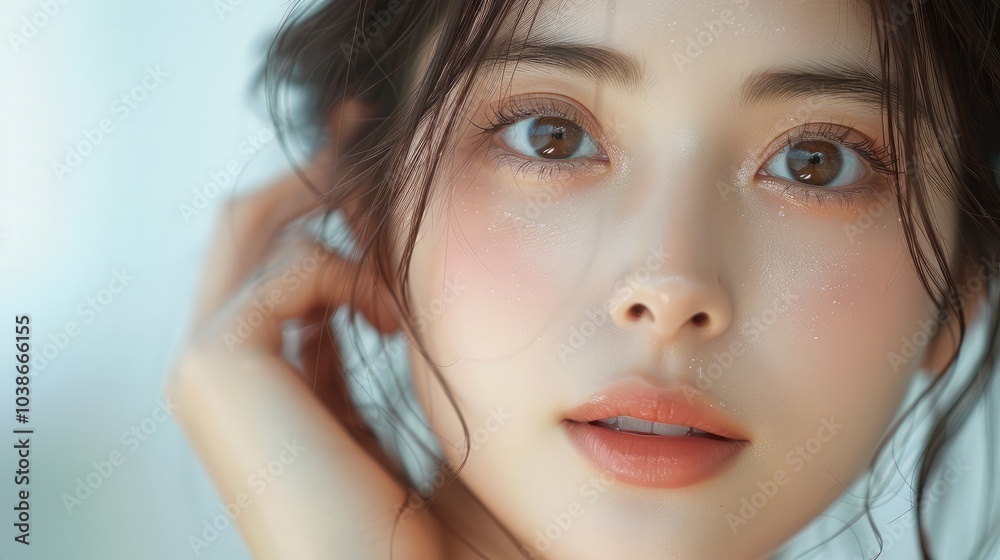 The most beautiful Japanese woman with clean, fresh skin, using her hand to touch and shape the cheekbones on one side of her face. The most beautiful Japanese woman with clean, fresh skin, using her hand to touch and shape the cheekbones on one side of her face.