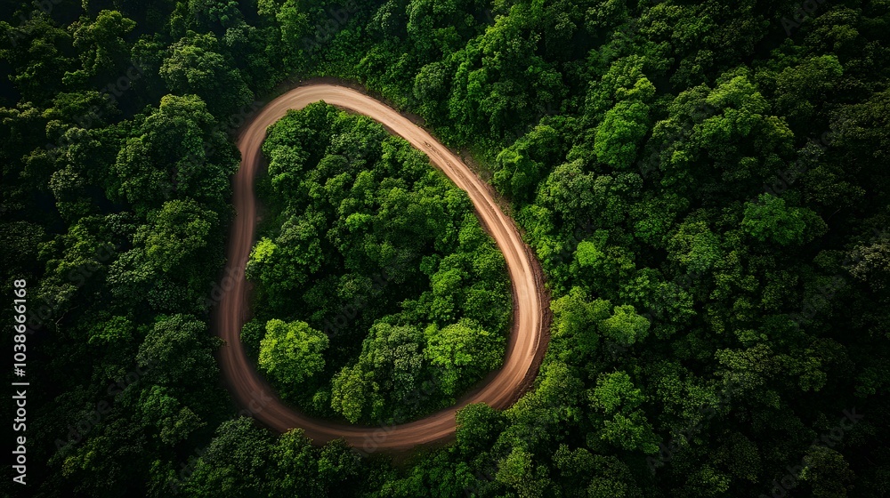 Aerial view of winding road through dense green forest Aerial view of winding road through dense green forest