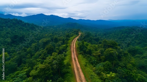 Aerial view of dirt road cutting through lush forest