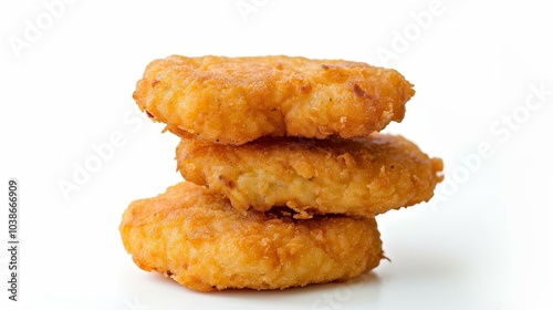 Three Golden Chicken Nuggets Stacked, White Background, Crispy, Deep Fried, Breading, Chicken Nuggets, Fast Food