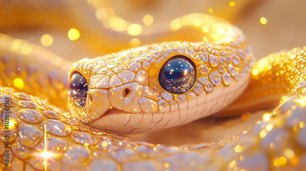 The Snake is the Symbol of Year Coiled on Golden Glittering Background The Snake is the Symbol of Year Coiled on Golden Glittering Background