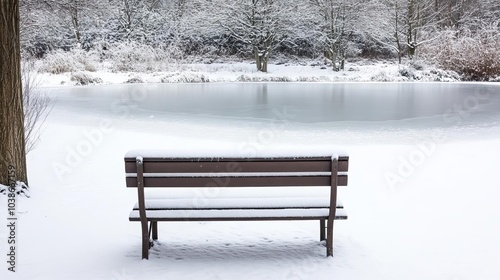 Snow-covered bench with a frozen pond in the background, peaceful winter scene