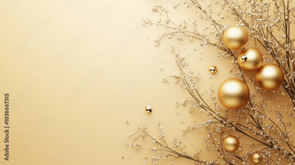 Obraz premium Golden Christmas Baubles Hanging with Glitter Against a Bright Background