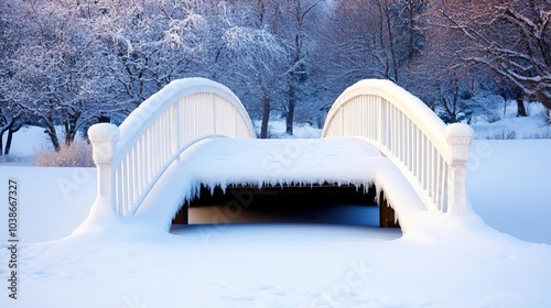 Snow-covered bridge in a quiet park, frosty wonderland ambiance photo