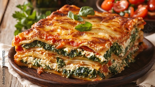 Spinach and ricotta lasagna on a soft beige linen, with sprigs of fresh parsley and a side of tomato salad