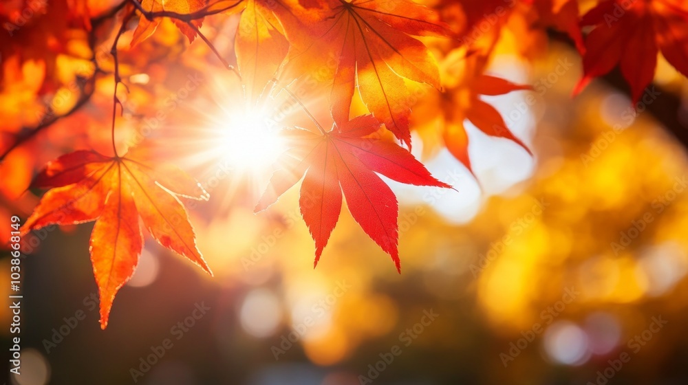 Close-up of vibrant orange and red autumn leaves on a tree with sunlight filtering through. Close-up of vibrant orange and red autumn leaves on a tree with sunlight filtering through.