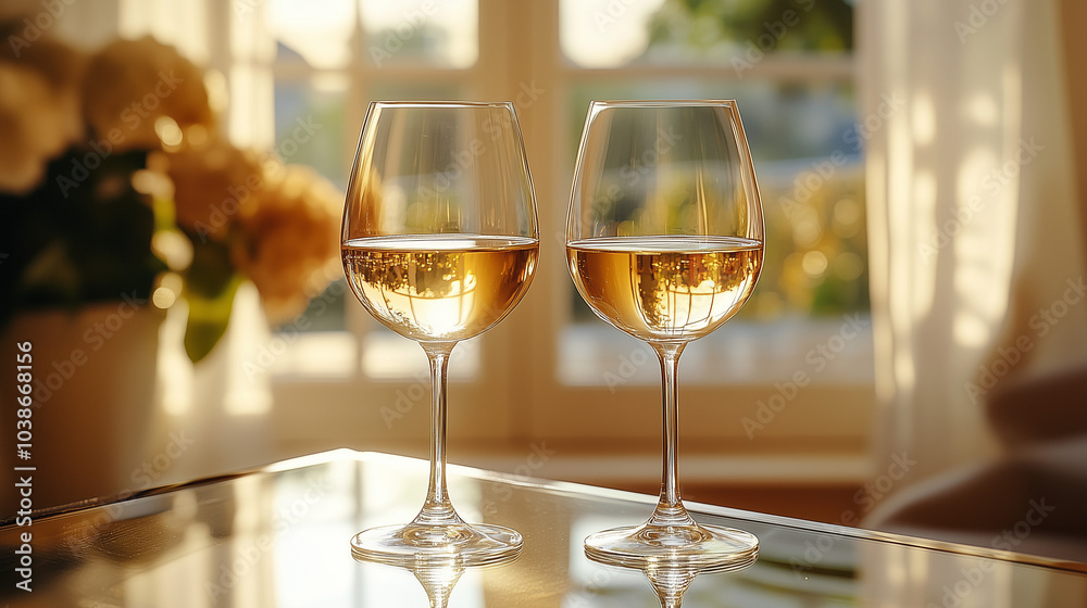 Two glasses of white wine on a reflective surface with elegant shadows and soft lighting Two glasses of white wine on a reflective surface with elegant shadows and soft lighting