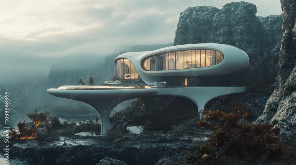 Explore modern architectural blueprint for a futuristic house set in natural surroundings