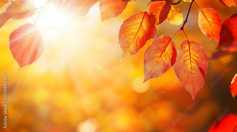 Close-up of vibrant orange and red autumn leaves on a tree with sunlight filtering through. Close-up of vibrant orange and red autumn leaves on a tree with sunlight filtering through.