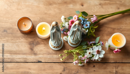 Feast of the Assumption of Mary day, 15th august. Miniature figurine of the Virgin Mary, candle, floral bouquet for herbal consecrated on wooden table. Christianity religion ritual. top view isolate photo