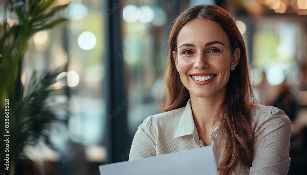 Smiling Mature Business Woman Holding Documents in Office Smiling Mature Business Woman Holding Documents in Office