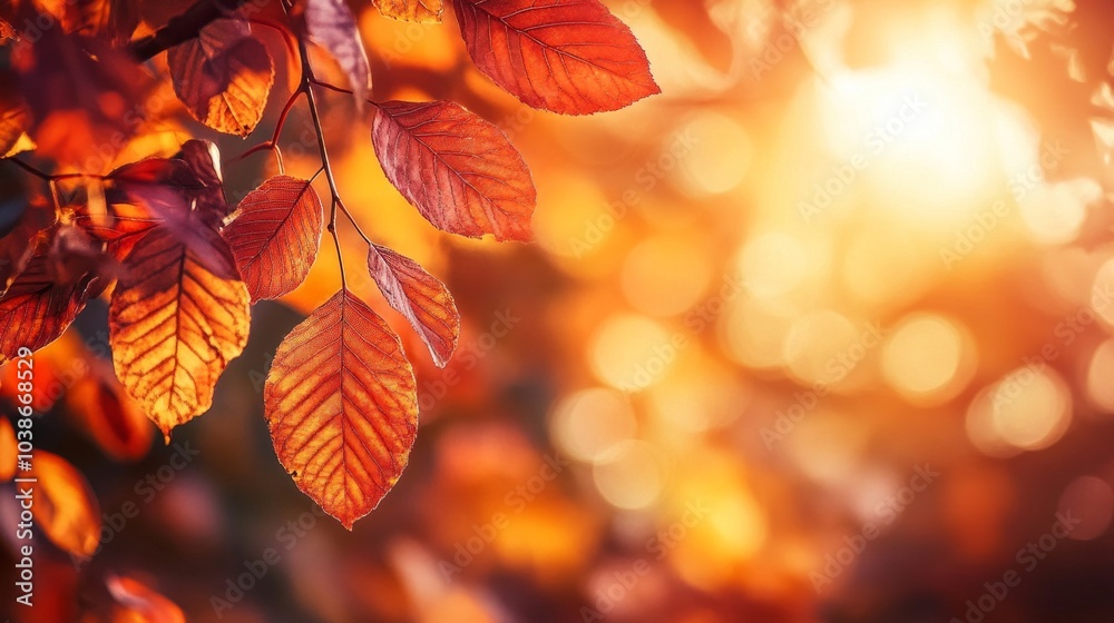 Close-up of vibrant orange and red autumn leaves on a tree with sunlight filtering through. Close-up of vibrant orange and red autumn leaves on a tree with sunlight filtering through.
