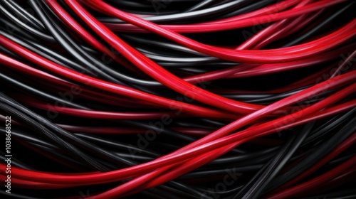 Exposed aluminum wires for electric cables. Red and black wires without protective covers for speakers or power sources. These wires carry electricity to devices. photo