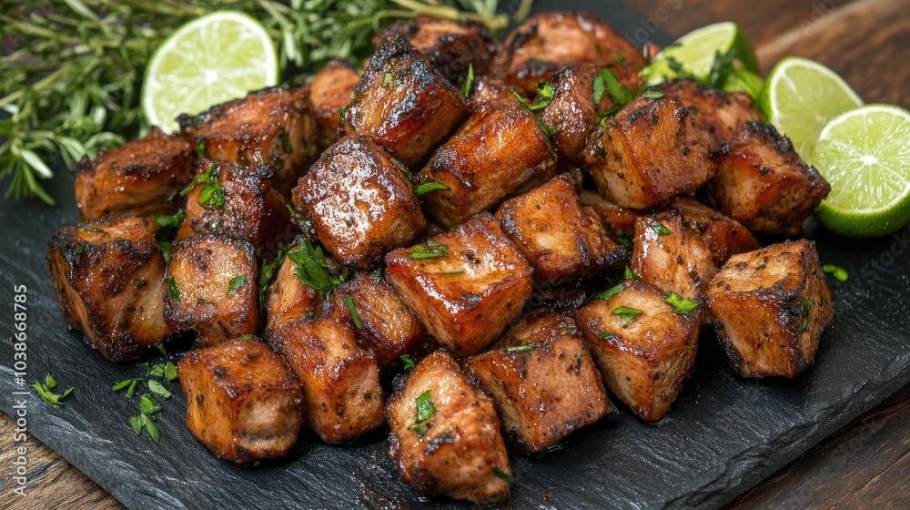 Grilled Meat Cubes with Fresh Herbs and Lime Slices Grilled Meat Cubes with Fresh Herbs and Lime Slices