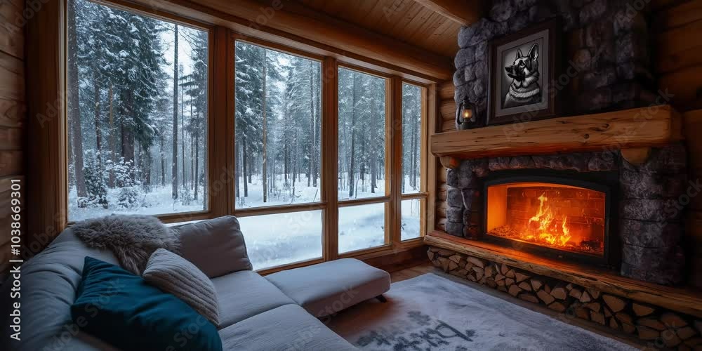 modern living room with fireplace, beautiful snowy forest view, 4K UHD nature wallpaper, endless looped background animation