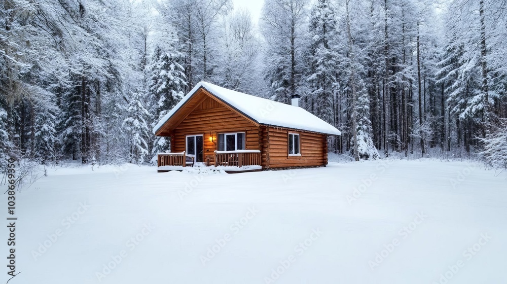 Snow-covered log cabin in the woods, cozy winter retreat Snow-covered log cabin in the woods, cozy winter retreat