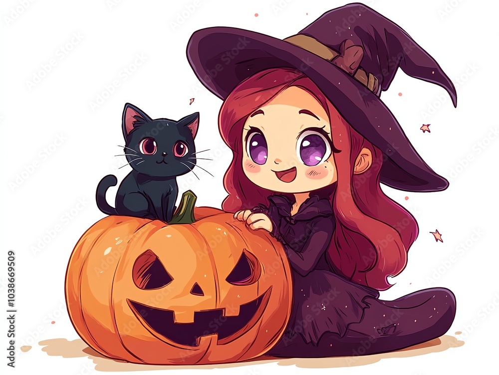 A cheerful witch with a black cat beside her, joyfully celebrating Halloween with a carved pumpkin. A cheerful witch with a black cat beside her, joyfully celebrating Halloween with a carved pumpkin.