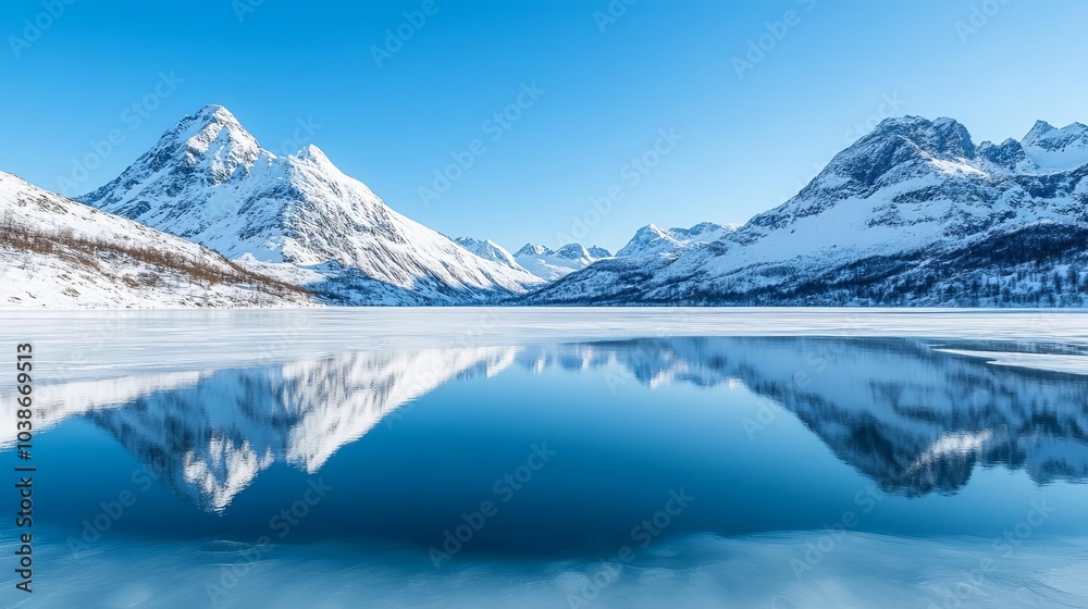Snow-covered mountains reflecting in a frozen lake, capturing winter beauty Snow-covered mountains reflecting in a frozen lake, capturing winter beauty