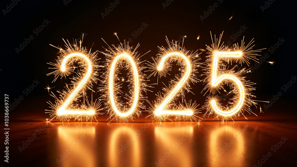Sparkling 2025 New Year Celebration: Dazzling Sparkler Digits on Black Background for Festive Greetings Sparkling 2025 New Year Celebration: Dazzling Sparkler Digits on Black Background for Festive Greetings