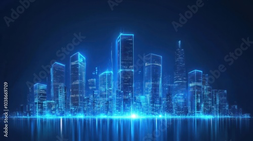 Futuristic blue cityscape with digital skyscrapers.