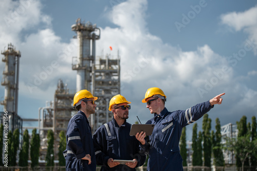 Refinery industry, engineer working in industrial production, oil and gas refinery plant industry factory