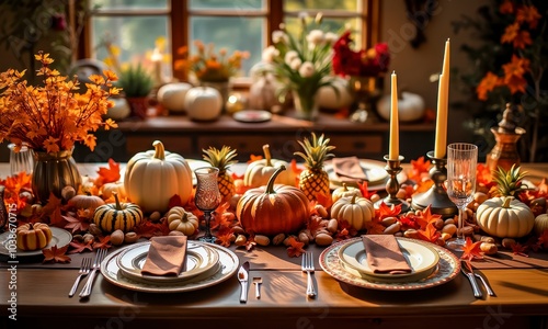 Elegant Autumn Table Setting With Pumpkins and Candles in a Cozy Dining Area During Fall