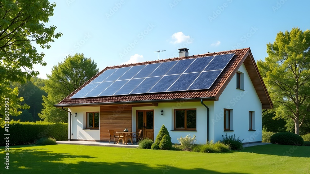 A stunning, contemporary modern house equipped with solar panels, beautifully situated in a lush, green environment A stunning, contemporary modern house equipped with solar panels, beautifully situated in a lush, green environment