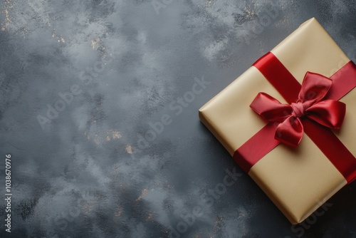 A large gift box wrapped in neutral-colored paper, adorned with a shiny red ribbon, rests elegantly on a textured dark surface. Generative AI