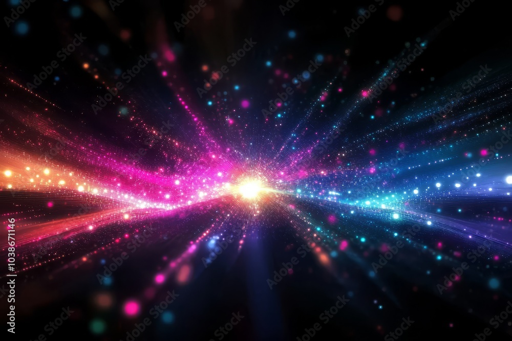 Fototapeta premium Nighttime scenery featuring holographic lights intertwined with colorful fireworks.