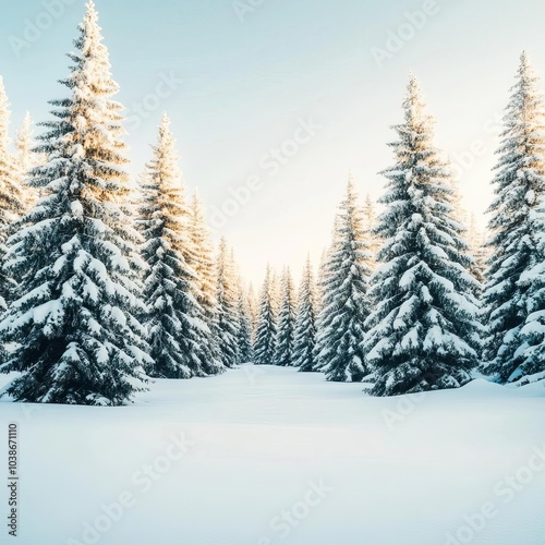Snow-covered pine trees with soft sunlight filtering through, peaceful winter wonderland