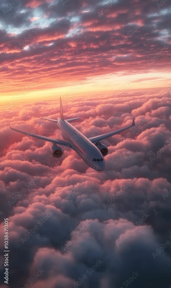 Airplane flying above pink sunset clouds. Airplane flying above pink sunset clouds.