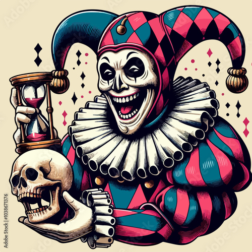 clown holding a skeleton and a clock