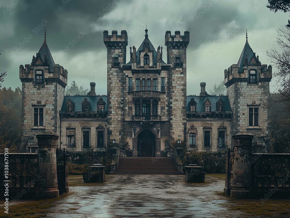 Obraz premium A hauntingly beautiful historic castle shrouded in moody skies, perfect for themes of mystery and architecture.