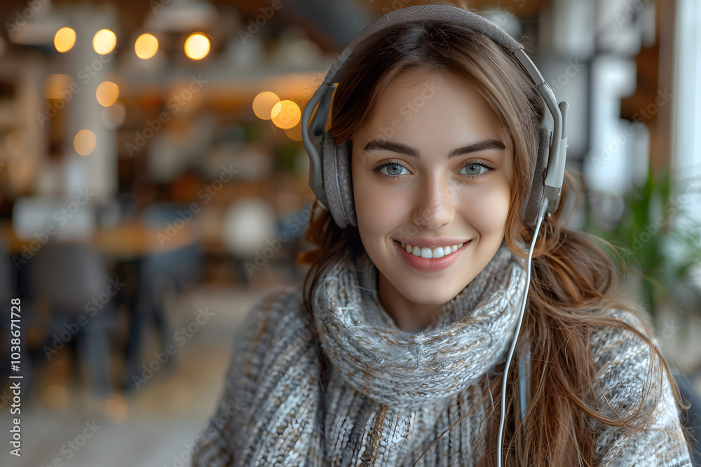 A young woman smiling while wearing headphones and a cozy sweater, seated in a warm and inviting indoor setting, possibly enjoying music or working in a comfortable, relaxed environment.
A young woman smiling while wearing headphones and a cozy sweater, seated in a warm and inviting indoor setting, possibly enjoying music or working in a comfortable, relaxed environment.
