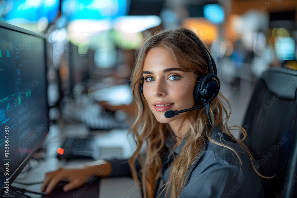 A young woman wearing a headset, engaging in a virtual meeting while working at a computer in a modern office setting, showcasing focus and professionalism in a technology-driven environment.
A young woman wearing a headset, engaging in a virtual meeting while working at a computer in a modern office setting, showcasing focus and professionalism in a technology-driven environment.