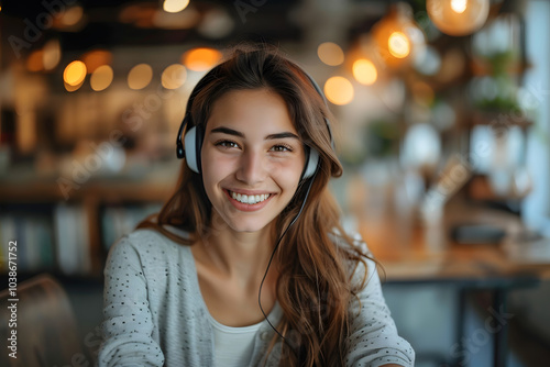 A young woman smiling while wearing headphones and a cozy sweater, seated in a warm and inviting indoor setting, possibly enjoying music or working in a comfortable, relaxed environment. 