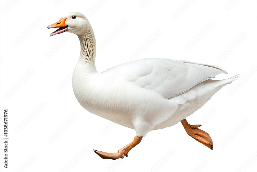 A dynamic goose is captured mid-stride, exuding an air of purpose as it navigates its path, a symbol of natural grace and freedom.