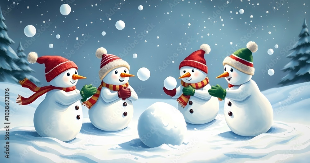 Snowmen Playing in the Winter Wonderland, Enjoying a Snowball Fight Among Fluffy Snowflakes Snowmen Playing in the Winter Wonderland, Enjoying a Snowball Fight Among Fluffy Snowflakes