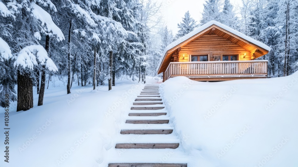 Fototapeta premium Snow-covered steps leading to a frosty wooden cabin, tranquil winter retreat